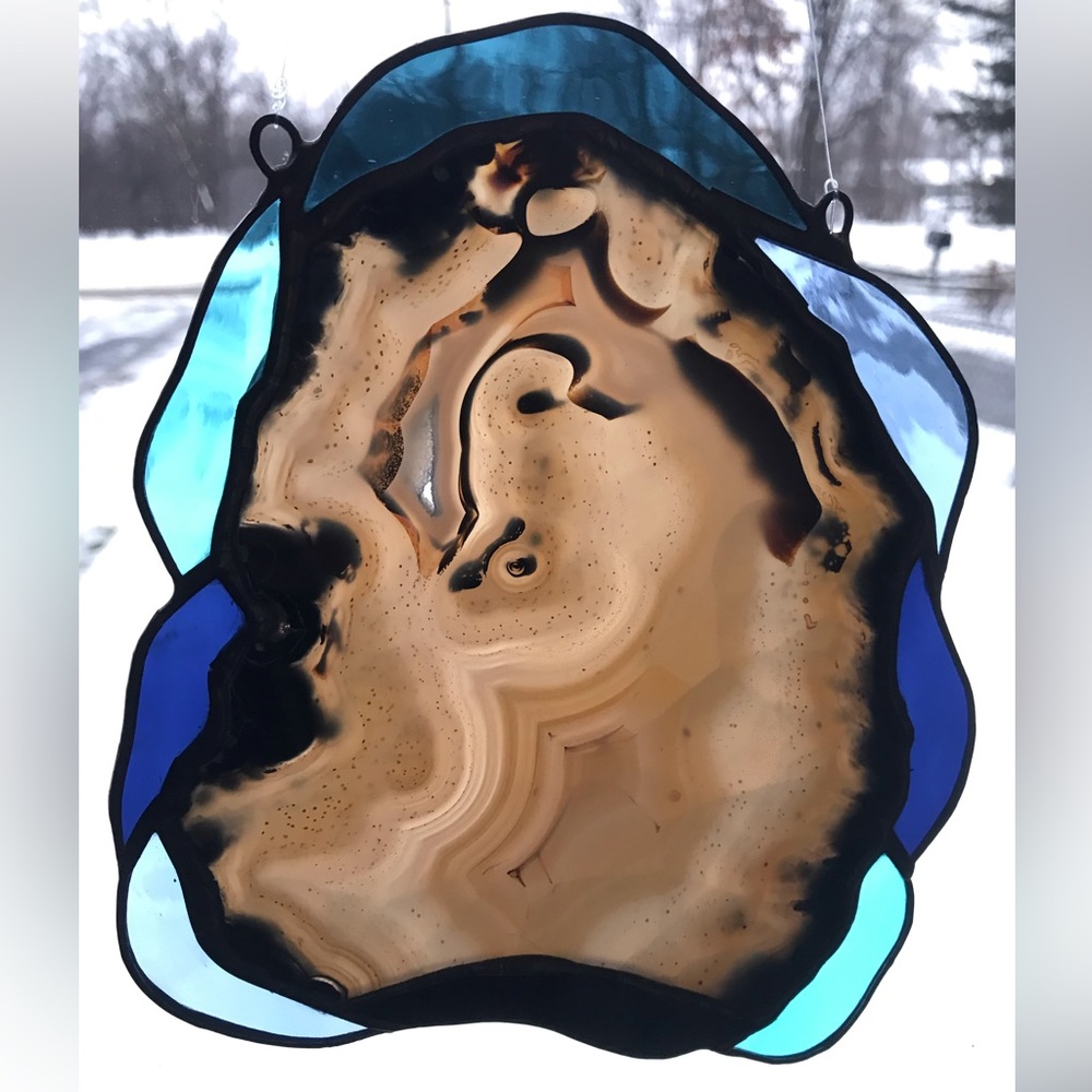 Handcrafted Stained Glass Panel with Agate Geode